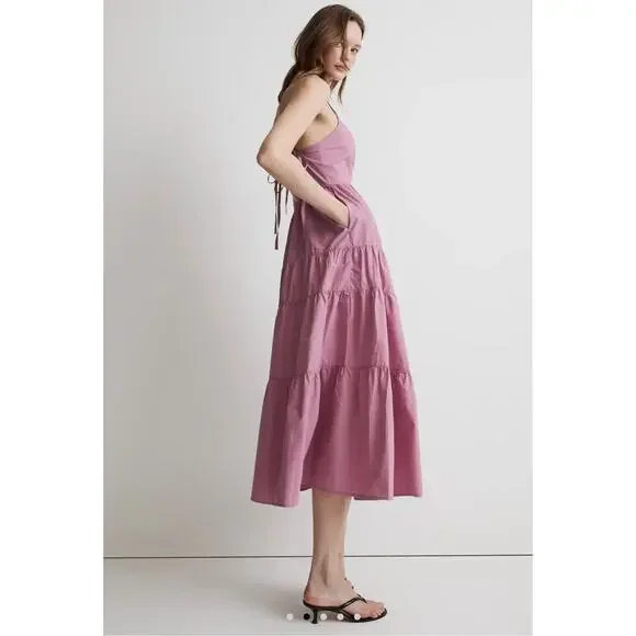 Madewell Sidonie Pink Poplin Midi Dress Tie Back Size Small - Picture 3 of 15